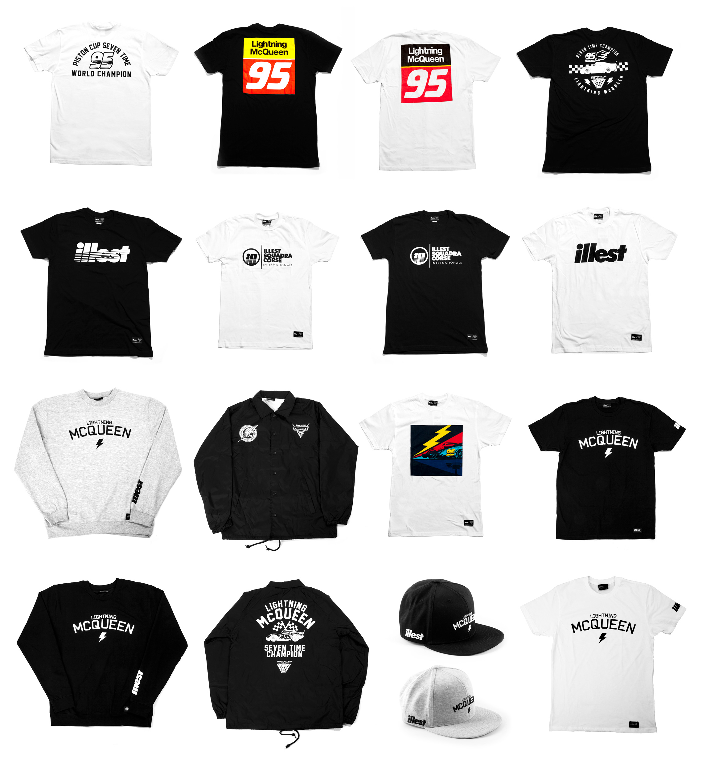 Cars 3 x ILLEST Collab product lineup ranging from t-shirts, outerwear, and headwear.