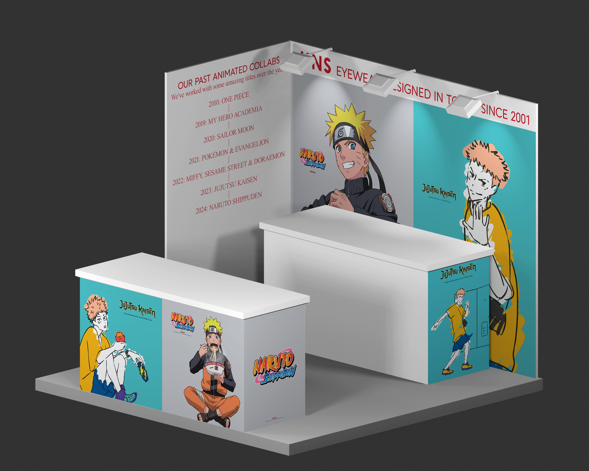 Isometric 3D rendering of the JINS booth for Comic-Con featuring Naruto Shippuden and Jujutsu Kaisen collections