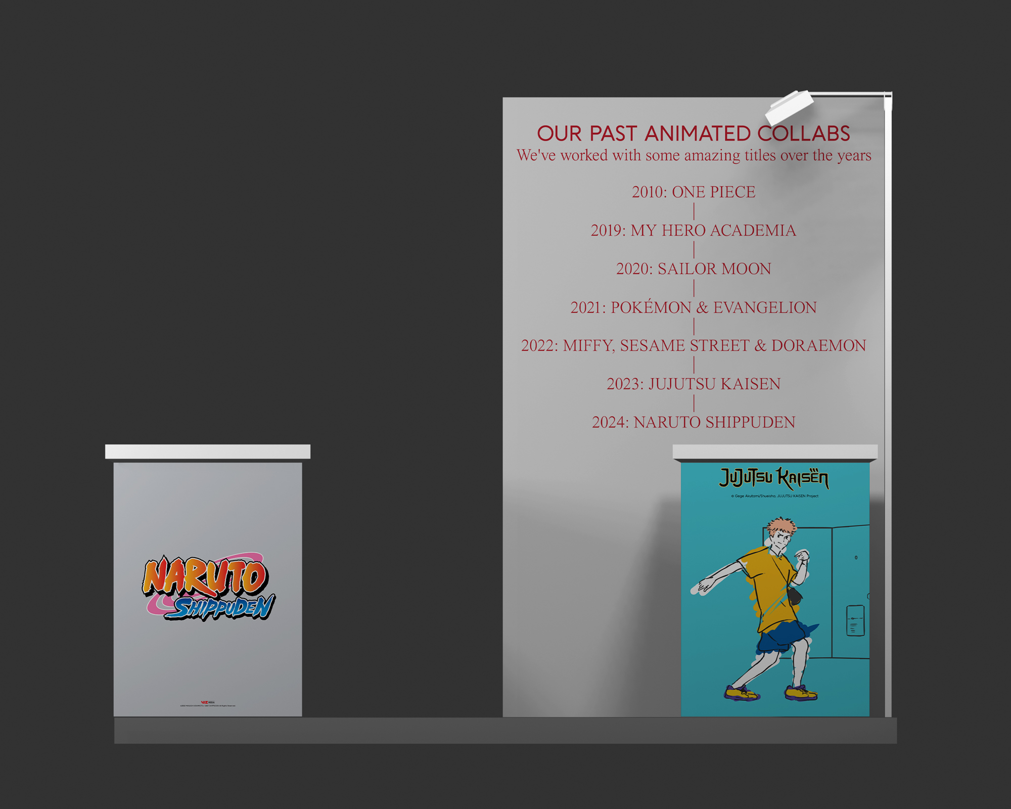 Side 3D rendering of the JINS booth for Comic-Con featuring Naruto Shippuden and Jujutsu Kaisen collections