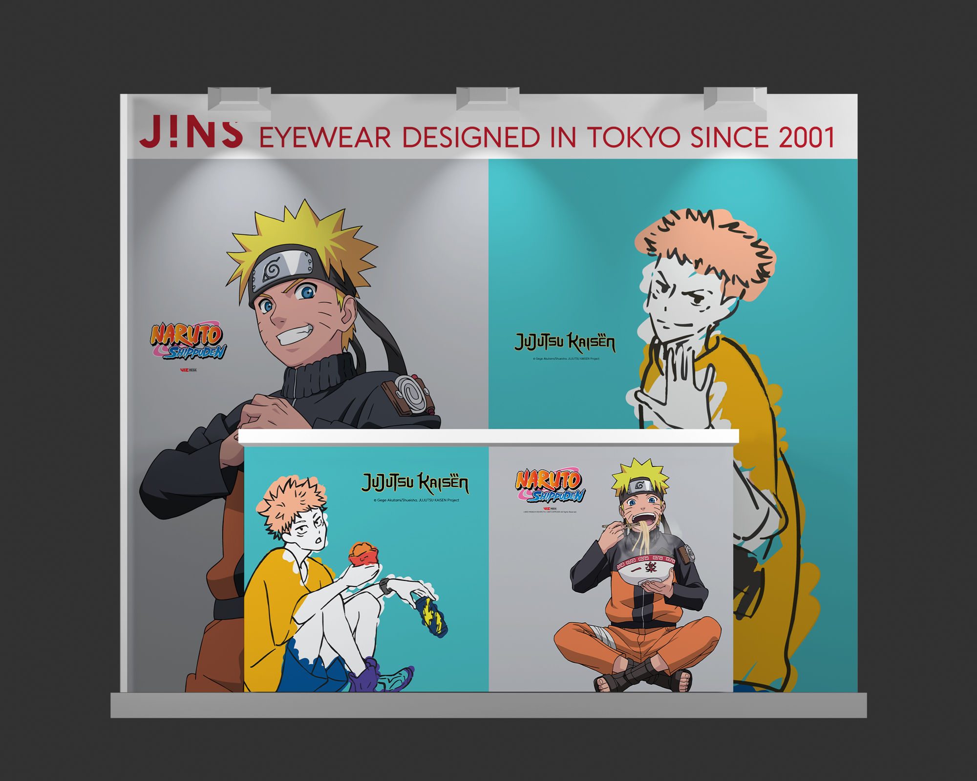 Front 3D rendering of the JINS booth for Comic-Con featuring Naruto Shippuden and Jujutsu Kaisen collections