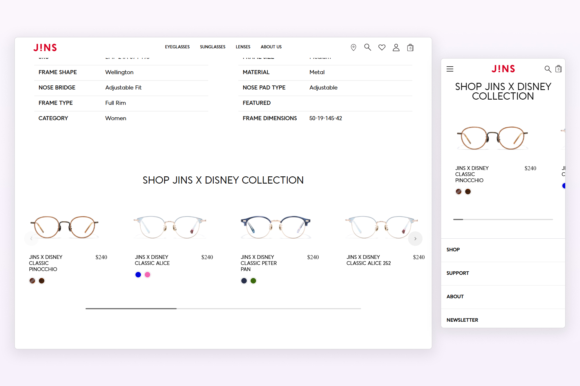 JINS x Disney Mickey & Friends product page