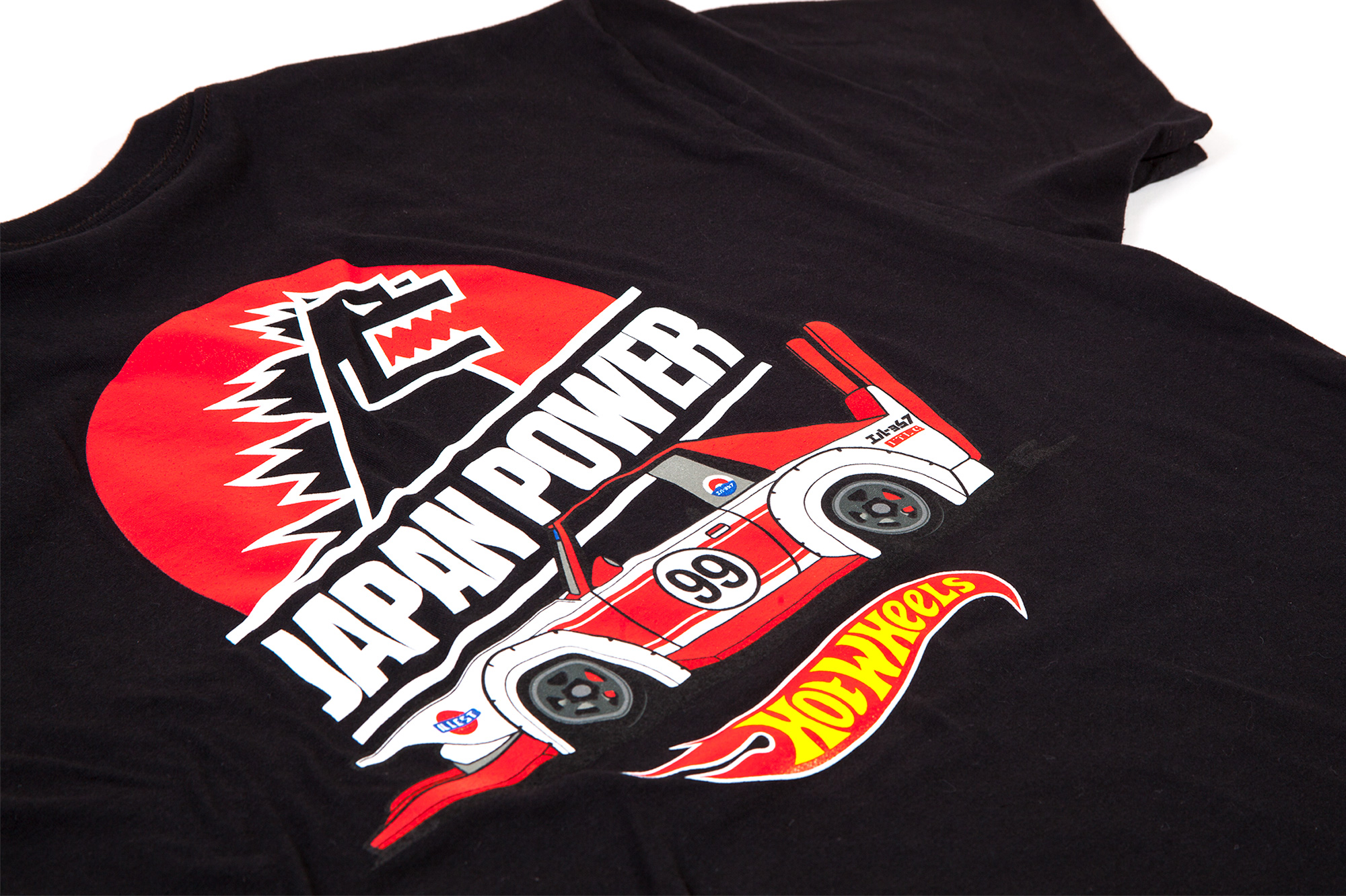 Detail shot of ILLEST x Hot Wheels T-shirt print: JAPAN POWER