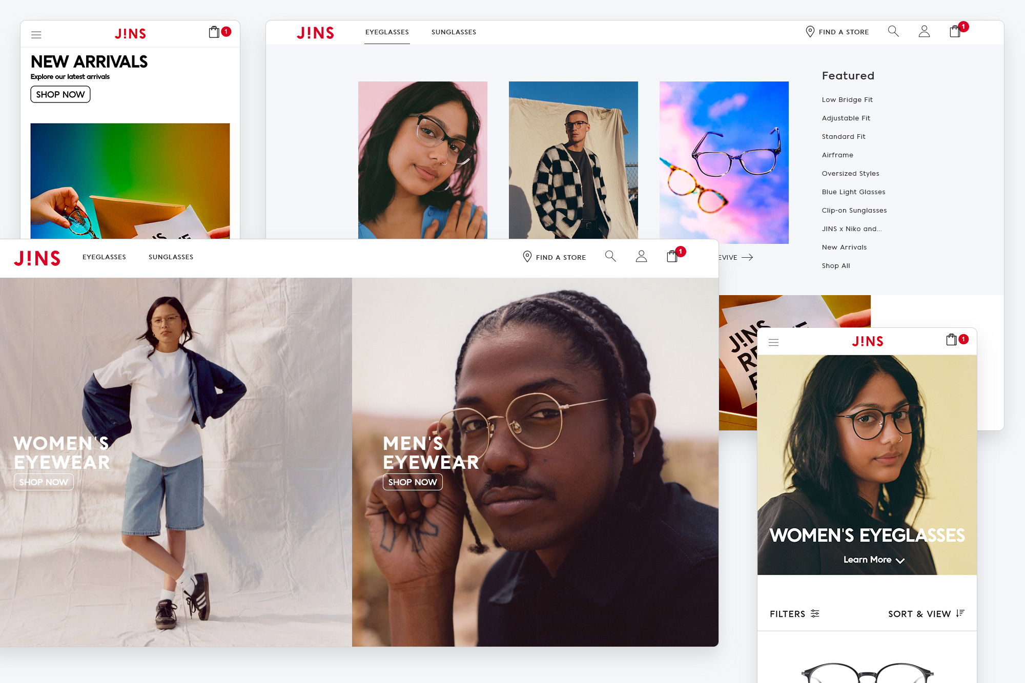 Screen capture of JINS website: homepage, navigation, and mobile viewport