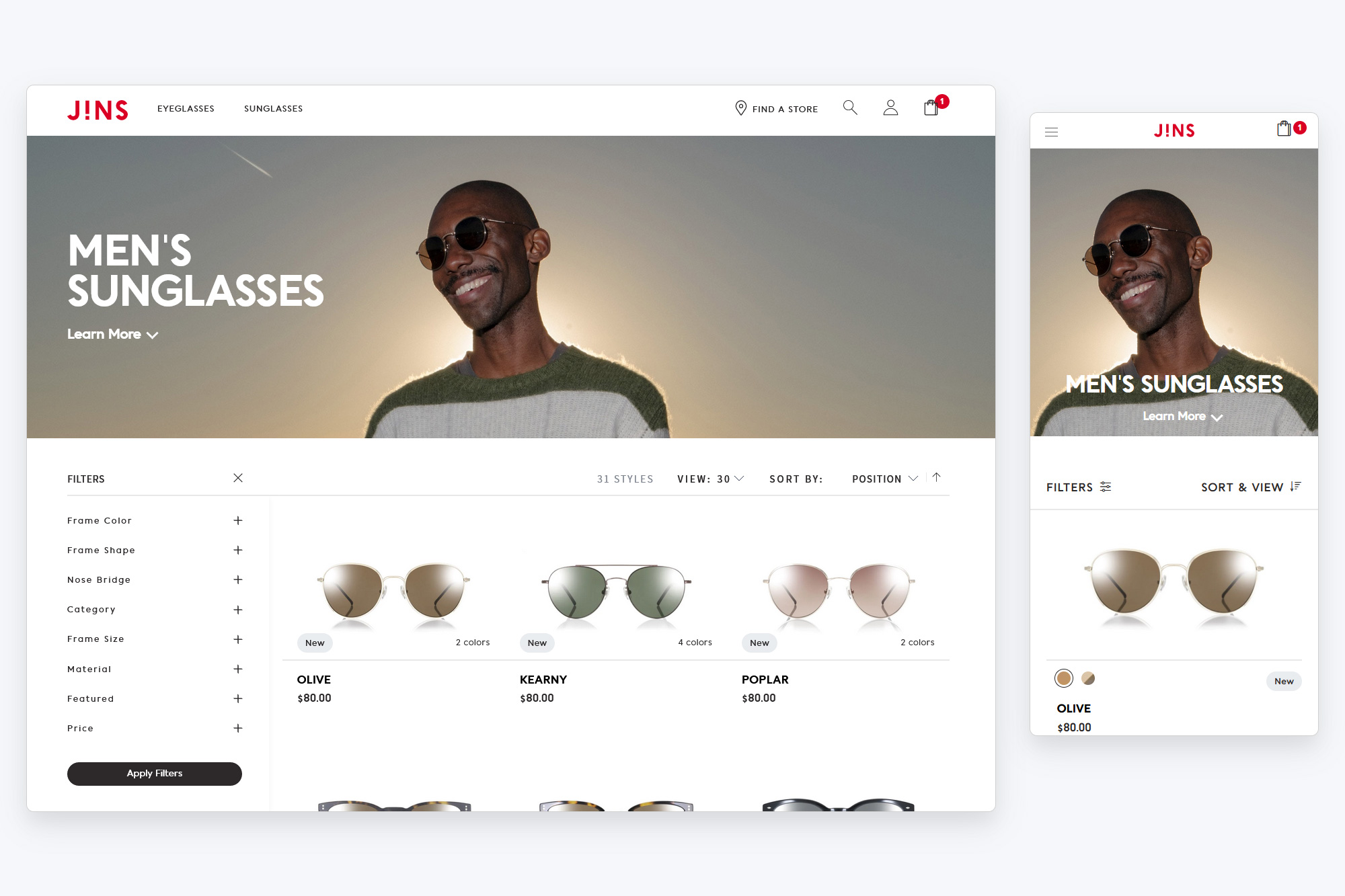Screen capture of JINS website: Men's Sunglasses page in desktop and mobile viewport