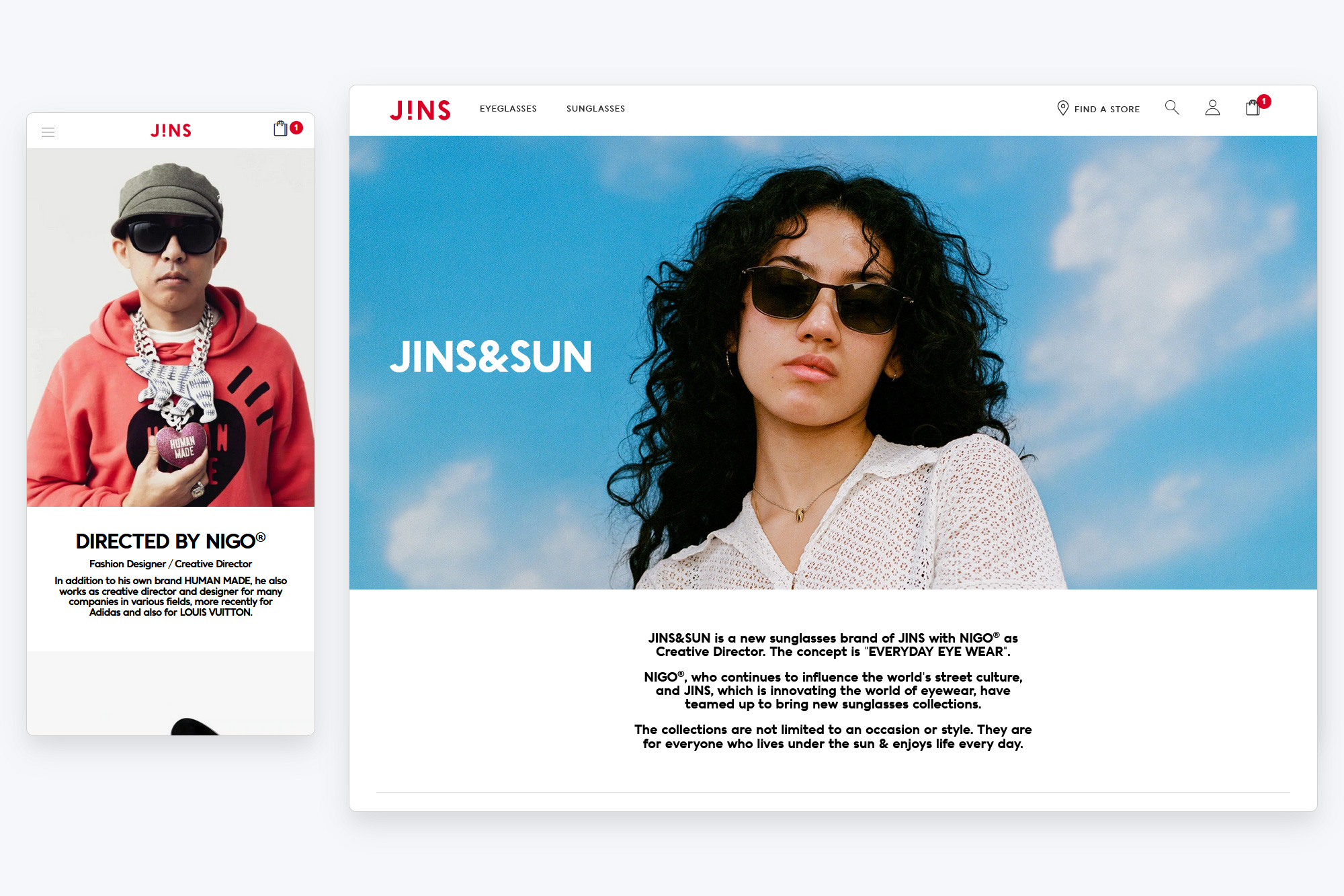 Screen capture of JINS website: JINS&SUN Nigo collaboration page in desktop and mobile viewports