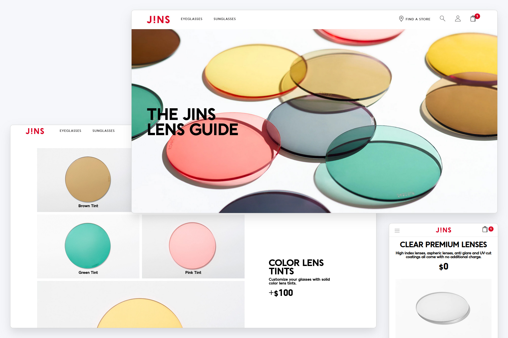 Screen capture of JINS website: Lens Guide page in desktop and mobile viewport