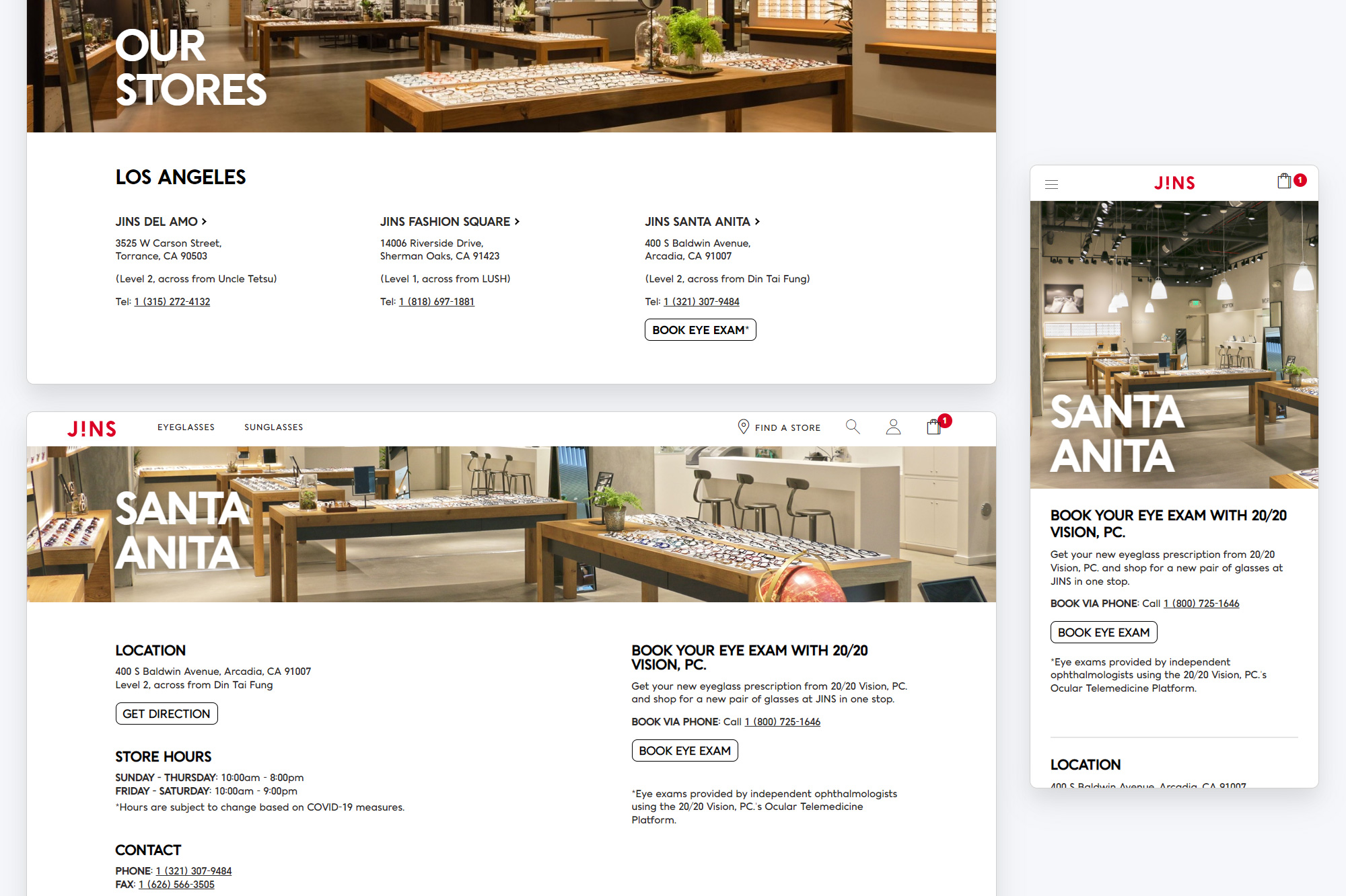 Screen capture of JINS website: location pages in desktop and mobile viewport