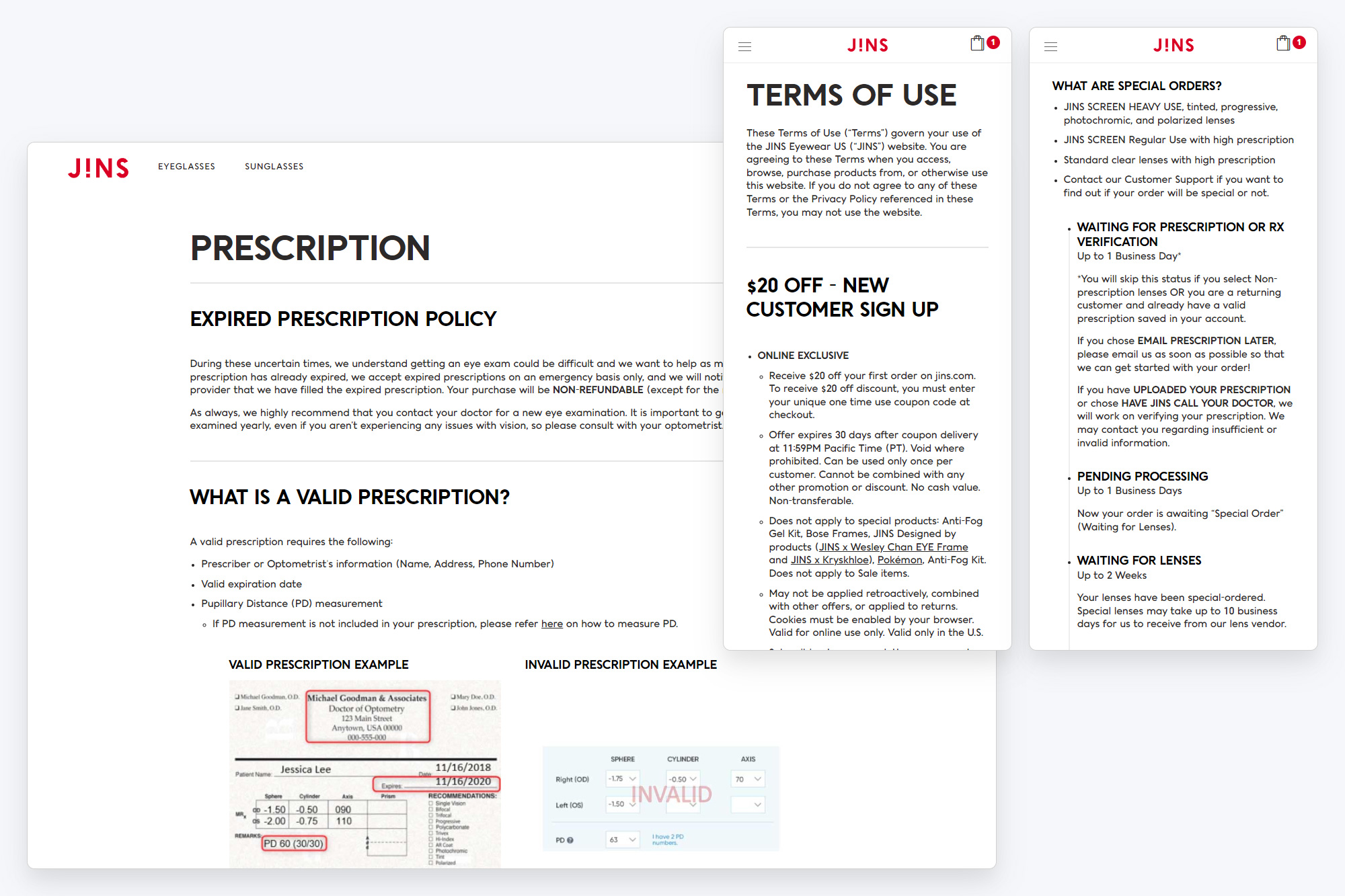 Screen capture of JINS website: support pages in desktop and mobile viewport