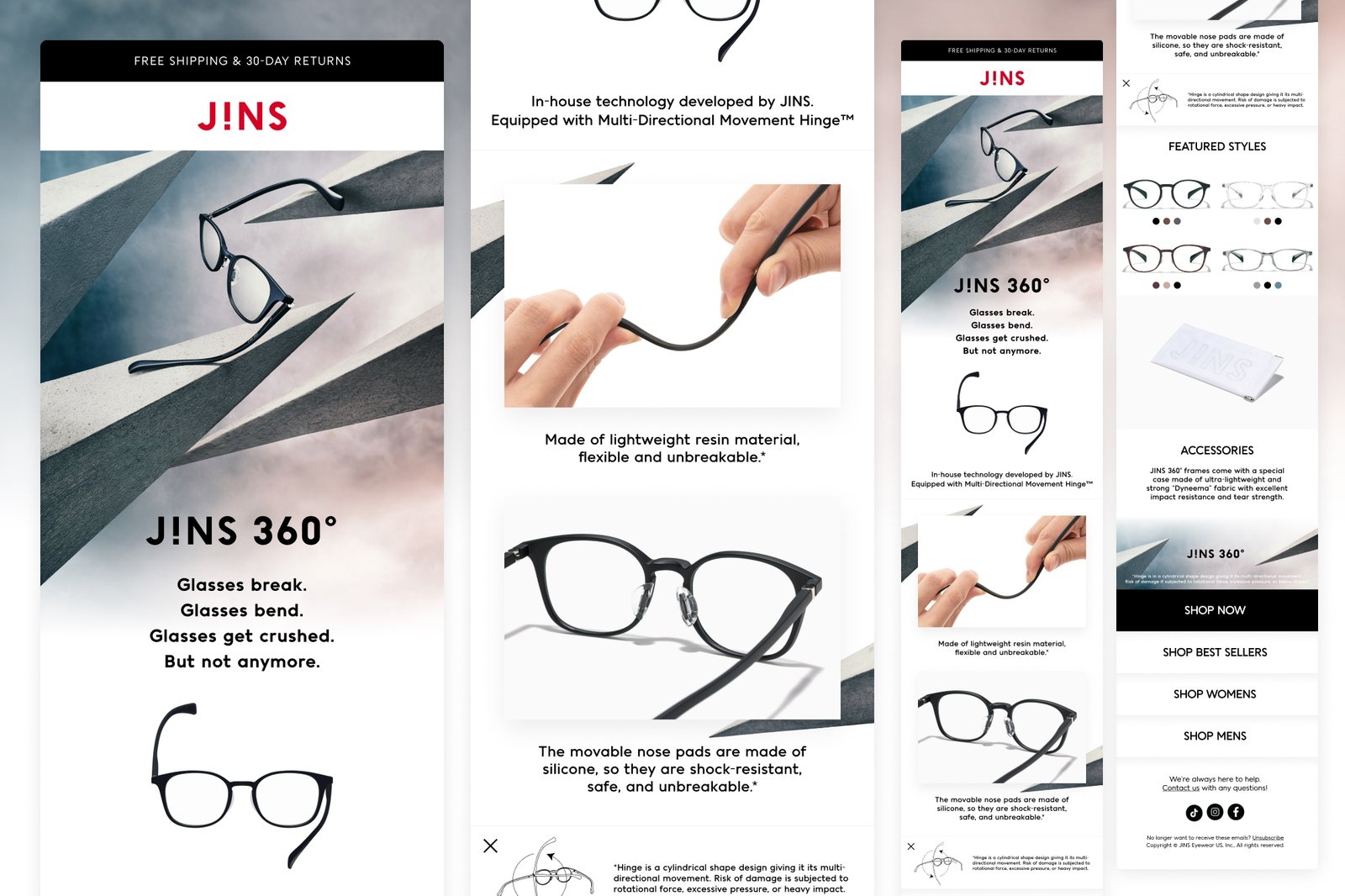 JINS 360: Multi-Directional Movement Hinge glasses email campaign